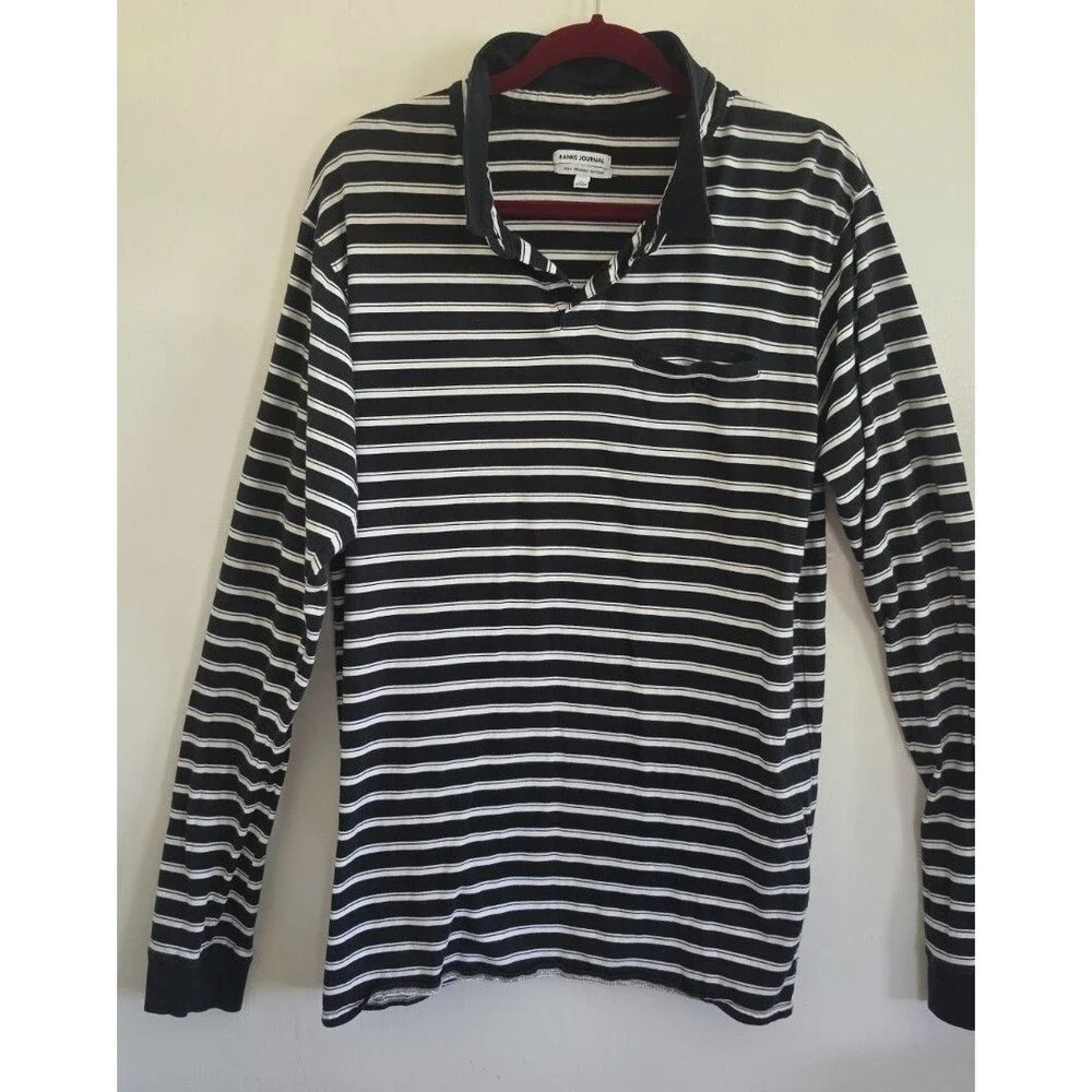 Banks Journal Men's L Organic Cotton Striped Long Sleeve Polo Surf Skate Shirt